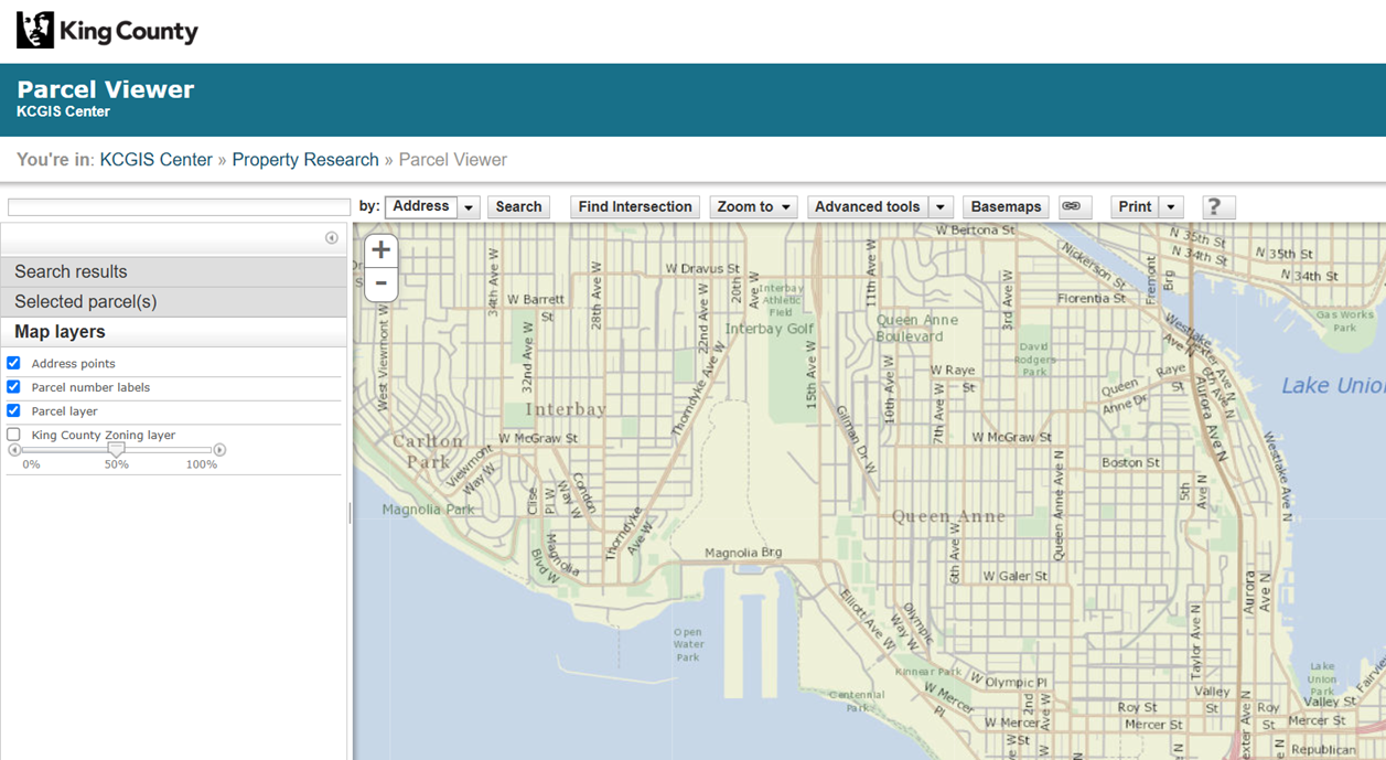 The King County Parcel Viewer, a public county records tool, open to a Seattle neighborhood. Property and code records like these are public record.