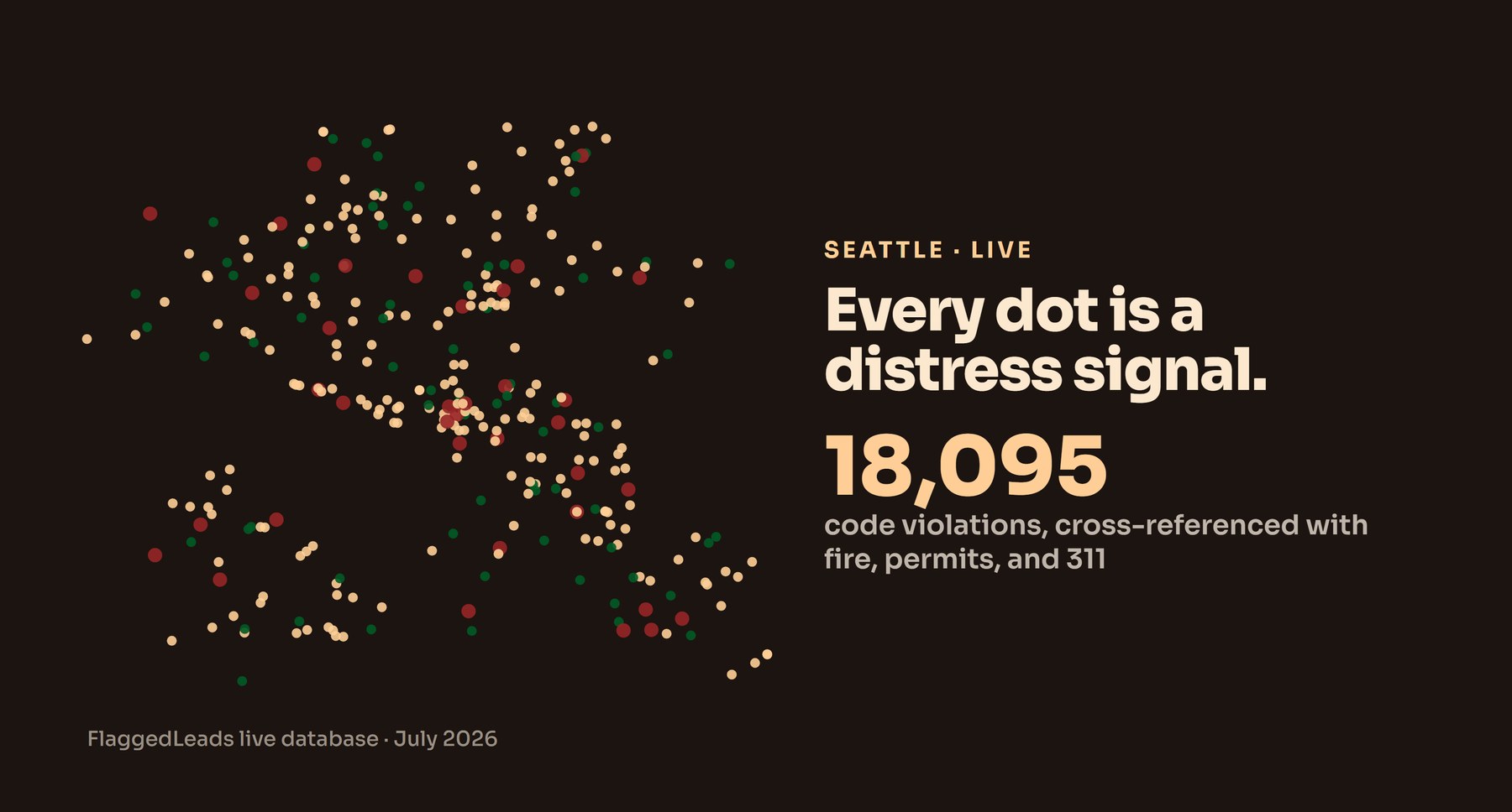 Live map of Seattle distress signals, 18,095 code violations cross-referenced with fire, permits, and 311