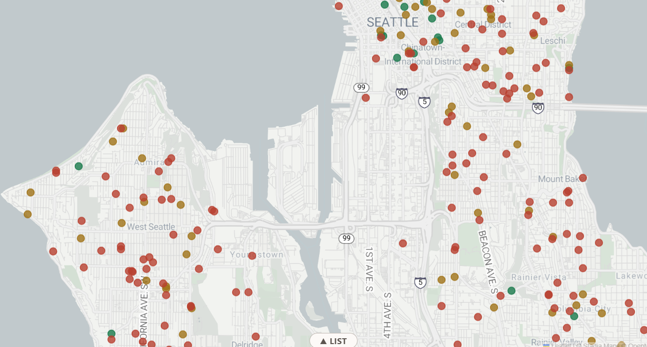 The FlaggedLeads map showing code violation locations across a Seattle neighborhood, each pin a flagged property you can look up by address.