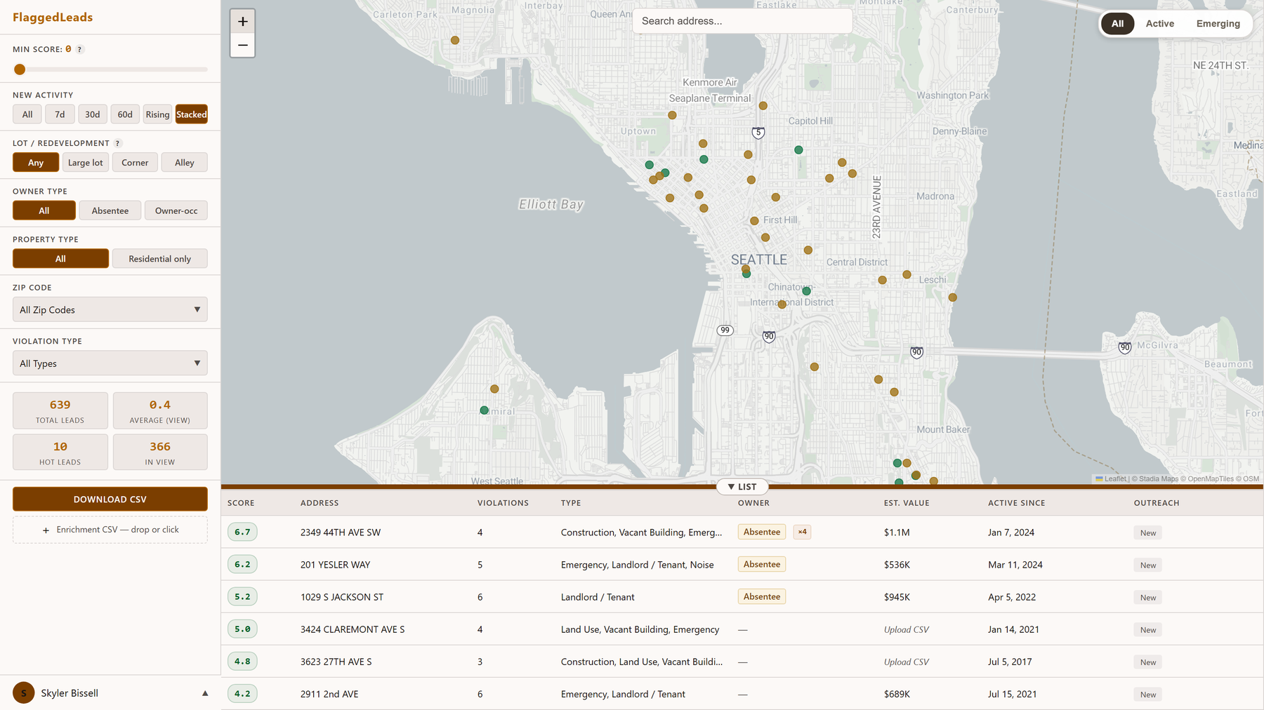 FlaggedLeads dashboard with the Stacked filter active, mapping Seattle properties that have multiple distress signals layered on one address.