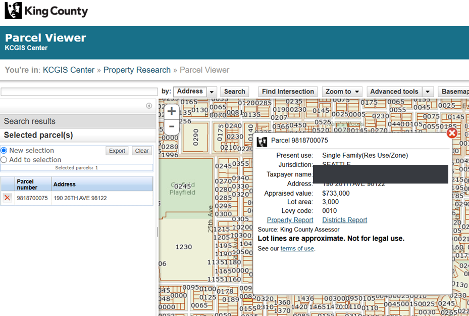 King County Parcel Viewer showing a single-family property record with taxpayer, mailing address, and assessed value; the owner name is redacted for privacy