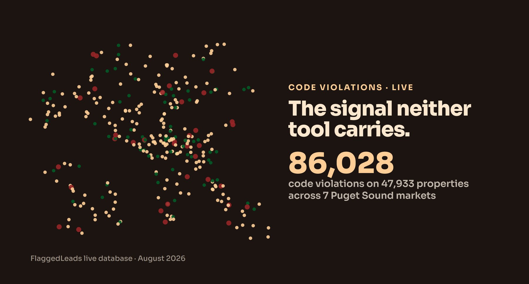 Map of live code violation locations across Seattle rendered as colored dots, the distress signal PropStream and DealMachine do not carry